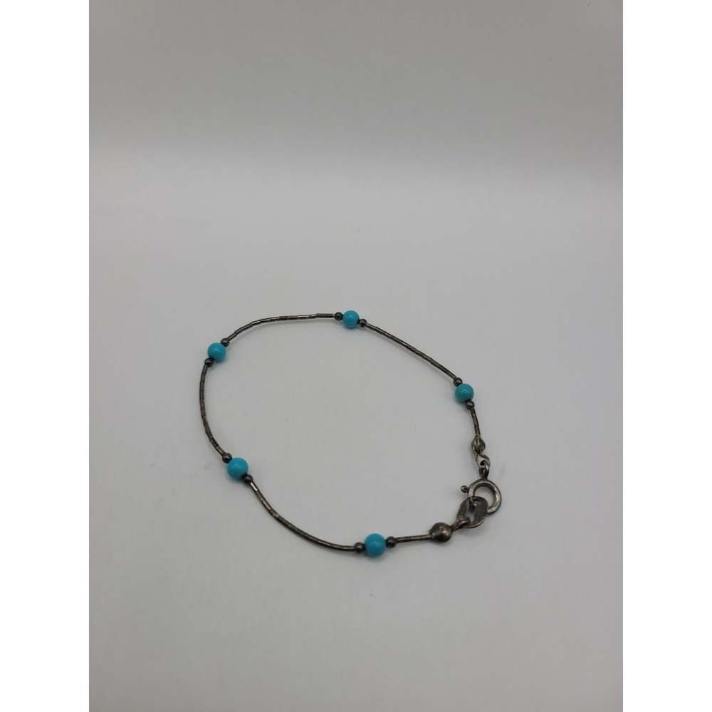 925 Sterling Silver Blue Bead Station Bracelet Tube Link Lobster Clasp Minimalis
